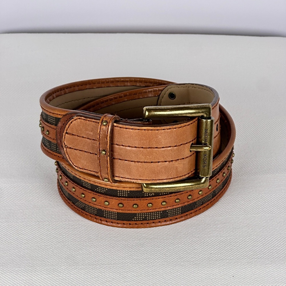 Michael‎ Kors Tan Leather Belt Luxe Y2K Brass Studded Logo Monogram Large 32-36"